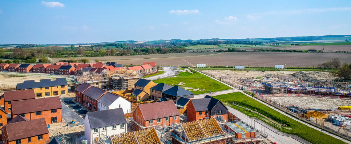 Aerial shot of UK housing development in process of being built.