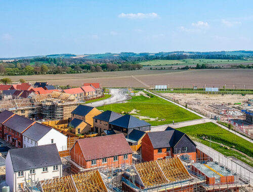 Aerial shot of UK housing development in process of being built.