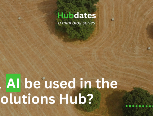 The background is a yellow field with green trees and hay bails dotted around. There is a white university of manchester logo in the top left, and a white Digital Solutions Hub logo in the top right. In the centre, the title reads 'Hubdates, a mini blog series'. The title in the bottom left reads 'How will AI be used in the Digital Solutions Hub?'. A green arrow follow the edge of the image from the top left to the bottom right.